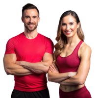 Athletic couple in matching gym attire, smiling and standing proudly together png