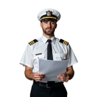 A pilot in uniform stands in front of a white background, holding a piece of paper png
