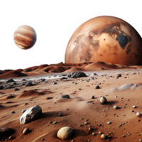 Mars landscape with craters and dust, alongside the planet Saturn in the background png
