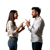 A woman and a man are smiling and pointing at each other, having a conversation png