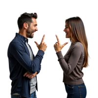 A man and woman are pointing fingers at each other while smiling and looking at each other png