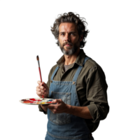 A man with a beard and paint-splattered overalls holds a paintbrush and palette, ready to create art png