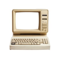 Front view of vintage beige retro computer with CRT monitor and classic keyboard. Retro style personal computer. Nostalgia concept for early computer technology png
