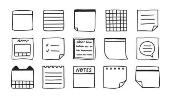 Simple sticky note set. Memo doodle. Blank square sheets of notepaper. A variety of paper stickers. Hand drawn isolated vector