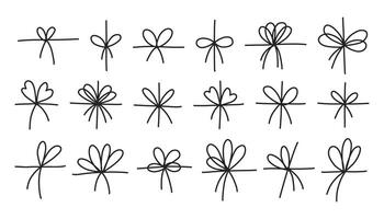 Simple bow doodle set. Line bows on ribbon. Bow on string set, lines and corners decoration. Bowknot for package letter vector