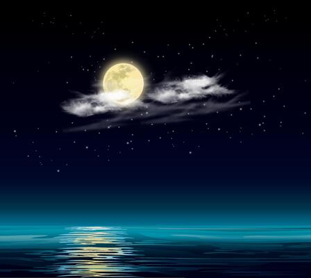 Full Moon Stars And Clouds Magical Night Reflecting On Blue Water