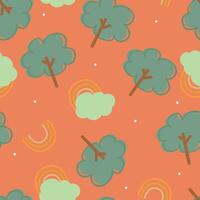 Seamless pattern with cute cartoon trees, clouds and rainbows, for fabric prints, textiles, gift wrapping paper. children's flat and colorful style vector
