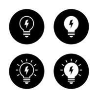 Lightning bulb icon set on black circle. Lamp with flash concept vector