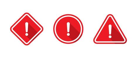 Red warning sign icon set with long shadow. Danger caution symbol vector