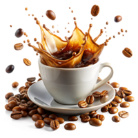 Dynamic Coffee in mug Splash and Beans on transparent background png