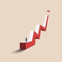 Businessman standing at the beginning of a red graph stairway representing growth vector