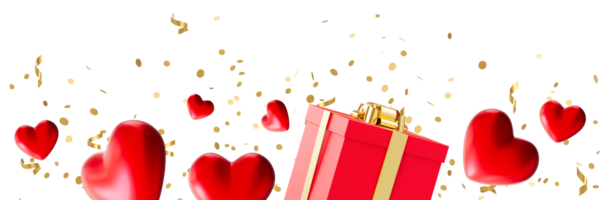 Elegant Valentines Day footer with red hearts, golden confetti and gift box, on transparent background. Modern border perfect for festive and romantic theme. Bottom of the sheet. Foreground. 3D. png
