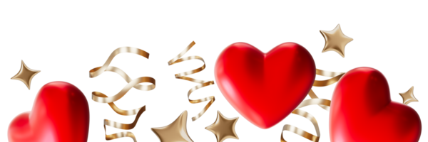 Elegant Valentines Day footer with red hearts, golden ribbons and stars, on transparent background. Modern border perfect for festive and romantic theme. Bottom of the sheet. Foreground. 3D. png