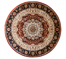 Exquisite round carpet with rich red core and intricate floral, geometric pattern, top view. Rug on transparent background. Cut out home decor. Vintage, boho style. High angle view. png