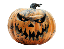 Halloween pumpkin featuring detailed, eerie carvings and worn look, on transparent background. Unique, sinister face, perfect for spooky season. png