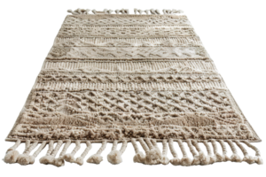 moderno, bege, tecido à mão retangular tapete, frente visualizar. tapete em transparente fundo. cortar Fora casa decoração. escandinavo, boho estilo. intrincado padrões e texturas. png