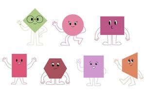 Cute geometric figures with faces. Isolated polygonal face with eyes and emotions. Geometric characters. Funny cartoon abstract children saying elements. vector