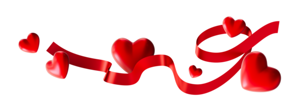 Glossy red hearts intertwined with flowing satin ribbon, on transparent background, ideal for romantic and celebratory themes. Elegant Valentines Day footer, header or divider. 3D render. png