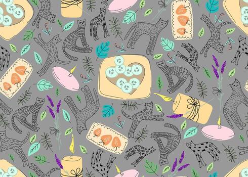 sin costura escandinavo modelo con dibujado gatos, velas y spa elementos. ilustración a crear un antecedentes para contenido en el higge estilo. vector