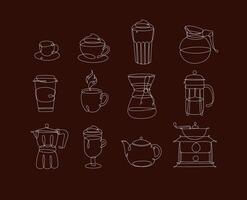 Coffee icons in pen hand drawing lines style on brown background vector