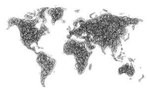 World map drawing with tangled black lines on white background vector