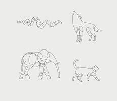 Set of animals snake, wolf, elephant, cat drawing in pen line style on light background vector