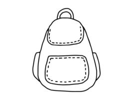 Outline of backpack with front and side pockets isolated on white background. Design element for travel, school, minimalist style, monochrome illustration. Coloring page. vector