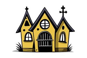 Cartoon-style haunted house with yellow walls and spooky windows. Concept of Halloween, spooky architecture, ghost house, and holiday decoration. Print, icon, design element. vector
