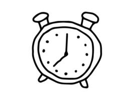 Black outline hand drawing of a classic alarm clock on white background. Concept of timekeeping, minimalist design, vintage style, illustration. Icon, print, design element. vector