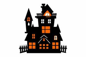 Black silhouette of a haunted house with glowing windows isolated on a white background. Concept of Halloween, spooky mansion, ghost house, minimalist style. Print, design element, illustration. vector