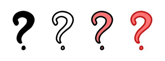 Set of question marks featuring colored illustrations, black silhouette, black outline versions. Isolated on white background. Concept of inquiry, curiosity, confusion, punctuation. Design elements. vector