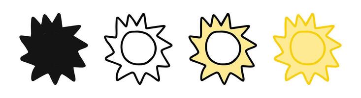 Set of funny sun icons featuring colored illustrations, black silhouette, and black outline versions. Isolated on white background. Concept of weather, summer, solar symbol, sunshine. Design elements. vector