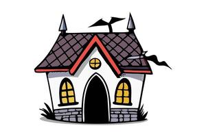 Cartoon style haunted house with spooky windows. Concept of Halloween, spooky architecture, ghost house, haunted mansion, holiday decoration. Print, design element vector