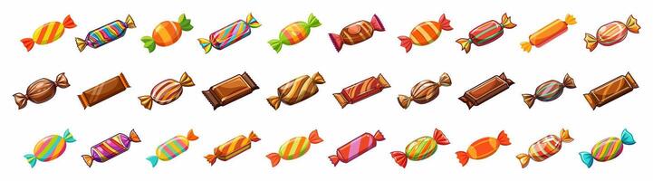 Set of colorful wrapped fruit and chocolate candies isolated on a white background. Design of bonbons. Concept of sweets, confectionery, and fun treats. Print, design elements. Clip art vector