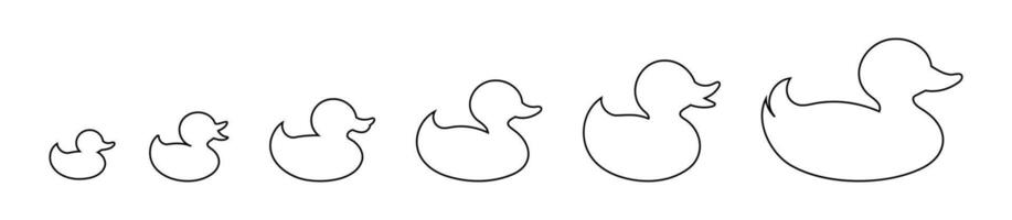 Set of Black outlines of rubber ducks isolated on a white background. Bath toy duck icons. Concept of minimalism, bath toy, simple design. Print, icon, logo, template, design element, coloring page vector