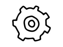 Hand-drawn black outline drawing of gear, isolated on white background. Concept of mechanics, engineering, machinery, technology, process optimization, industrial design. Icon, print, design element. vector