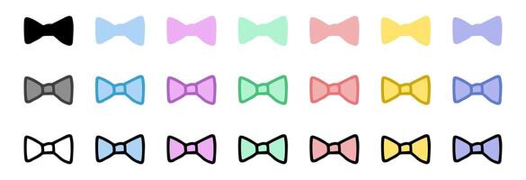 Set of bow tie icons featuring colored illustrations, black silhouette, and black outline versions. Isolated on white background. Concept of fashion, accessories, style, formal wear. Design elements. vector