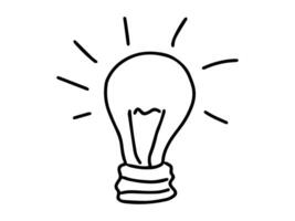 Black outline of light bulb with rays on white background. Concept of creativity, innovation, minimalist design, idea symbol, electricity. Design element. vector