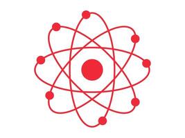 Red silhouette of an atom with orbiting electrons isolated on a white background. Concept of science, physics, atomic structure, minimalism. Icon, symbol, design element. vector