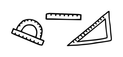 Set of ruler icons featuring protractor, straight edge, and triangle ruler in black outlined version, isolated on a white background. Concept of measurement, geometry, school tools. Design elements. vector