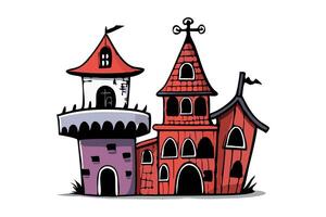 Quirky haunted house isolated on white background. Concept of spooky design, castle, Halloween cartoon architecture, haunted mansion, illustration, print, design element. vector