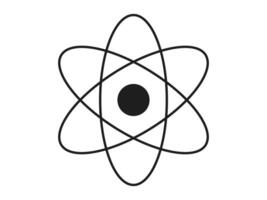 Black silhouette of an atom icon isolated on a white background. Concept of science illustration, atomic model, minimalist style, physics symbol. Print, design element, educational graphic. vector
