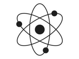 Black silhouette of an atom with orbiting electrons isolated on a white background. Concept of science, physics, atomic structure, minimalism. Icon, symbol, design element. vector