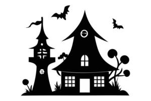 Black silhouette of haunted house with bats isolated on a white background. Concept of spooky decoration, haunted castle, minimalist style, spooky mansion, Halloween design. Print, design element vector