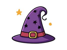 Witch hat isolated on a white background. Wizard pointed hat. Concept of Halloween accessory, festive gear, whimsical costume element, magical attire. Print, design element. vector