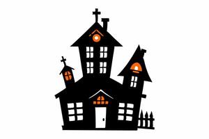 Black silhouette of a haunted house with glowing windows isolated on a white background. Concept of Halloween, spooky mansion, ghost house, minimalist style. Print, design element, illustration. vector