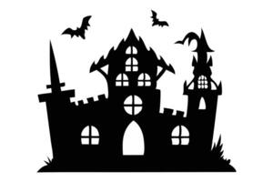 Black silhouette of haunted house with bats isolated on a white background. Concept of spooky decoration, haunted castle, minimalist style, spooky mansion, Halloween design. Print, design element vector