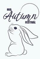 Mid autumn festival card with line rabbit on white. Minimalistic background concept. Bunny wonder admiringly looking up on the moon, his pad touch muzzle and ears lowered vector