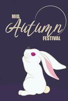Mid autumn festival card with white rabbit with his pads touching muzzle. Minimalistic background on blue vector