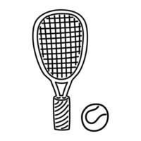 Simple black and white outline illustration of a tennis racket and ball. Suitable for sports projects, educational materials, coloring pages, and graphic design. vector